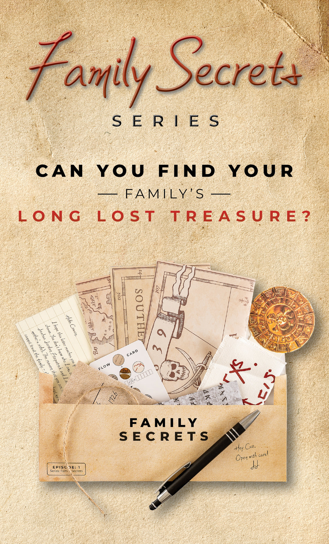 Games Night in an envelope and tabletop Escape Room Game. Similar to an Exit Game. Same genre as murder mystery. 12 episode series.