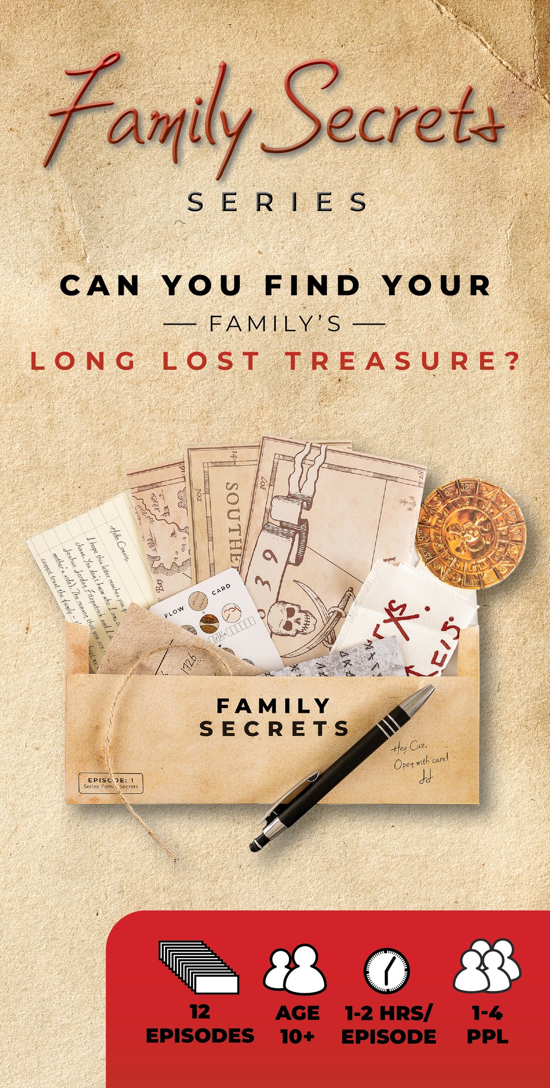 Promotional graphic for 'Family Secrets' series with envelope, letters, pen, and coin on a textured background. Games Night in an envelope and tabletop Escape Room Game. Similar to an Exit Game. Same genre as murder mystery. 12 part series.