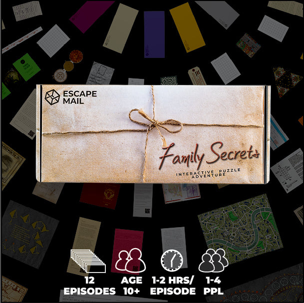 Escape Room game box titled 'Family Secrets' with branding and product details on a dark background. Games Night in an envelope and tabletop Escape Room Game. Similar to an Exit Game. Same genre as murder mystery.