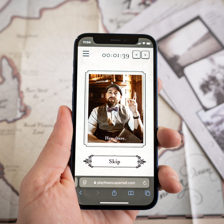 Hand holding a smartphone with an app interface on a map background. Games Night in an envelope and tabletop Escape Room Game. Similar to an Exit Game. Same genre as murder mystery.