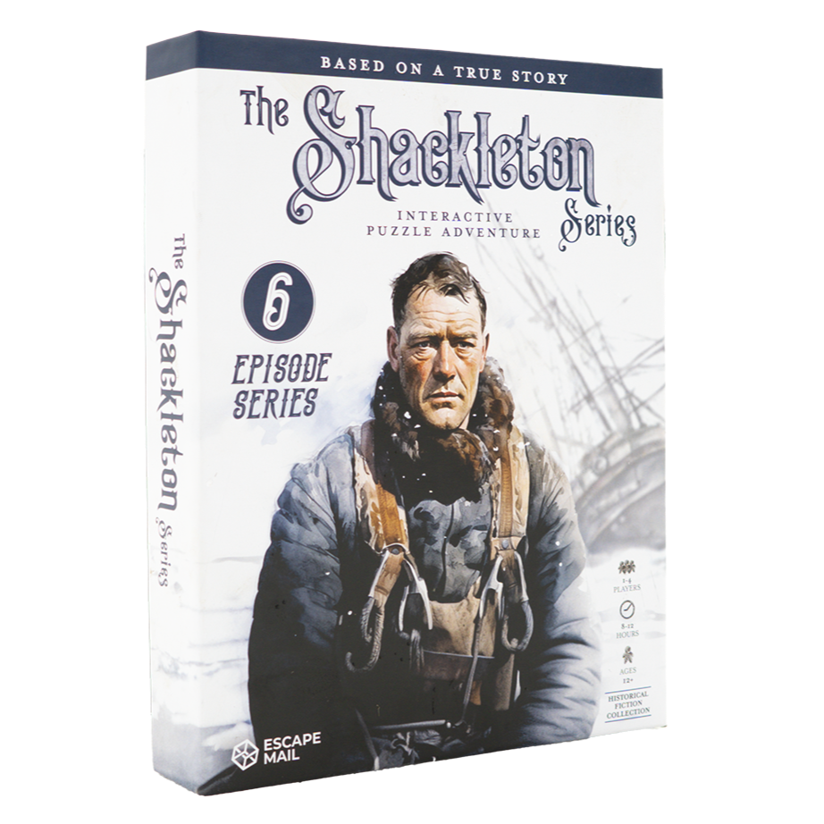 Box for 'The Shackleton Series' interactive puzzle adventure with a portrait of a person in a snowy setting. Games Night in an envelope and tabletop Escape Room Game. Similar to an Exit Game. Same genre as murder mystery.