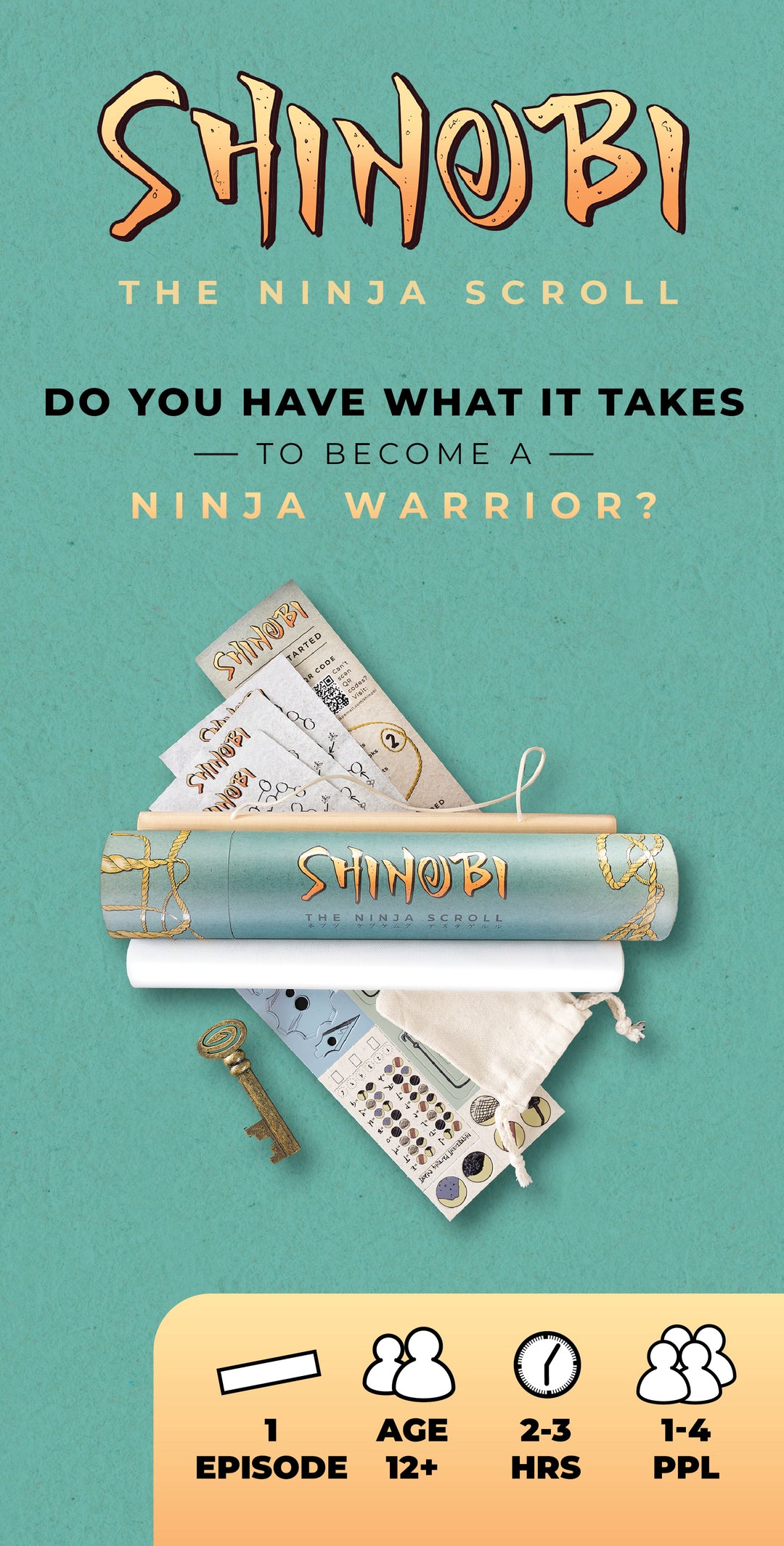 Promotional poster for 'Shinobi: The Ninja Scroll' with text and illustrations on a teal background. Games Night in an envelope and tabletop Escape Room Game. Similar to an Exit Game. Same genre as murder mystery.