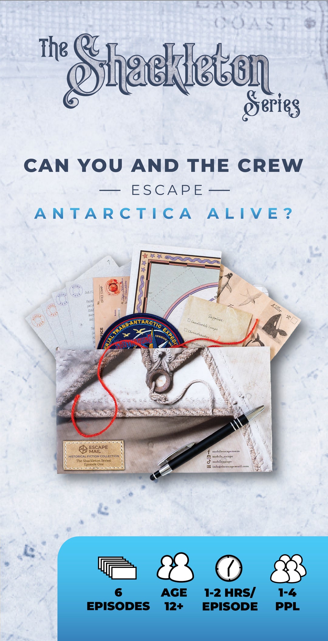 Promotional graphic for 'The Shackleton Series' with Antarctic-themed items and text. Games Night in an envelope and tabletop Escape Room Game. Similar to an Exit Game. Same genre as murder mystery. 6-part series.
