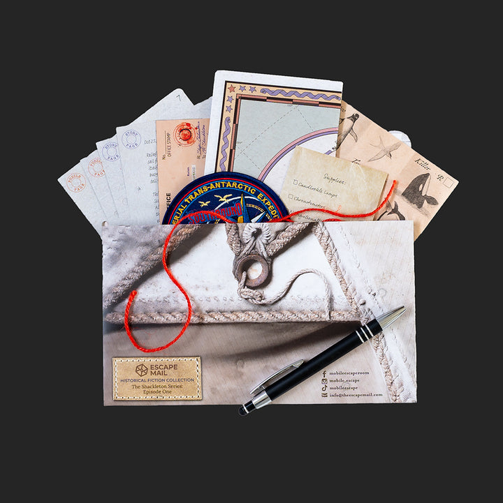 A puzzle game package with the label 'Shackleton' featuring images of vintage documents, a map, and equipment related to Antarctica. Games Night in an envelope and tabletop Escape Room Game. Similar to an Exit Game. Same genre as murder mystery.